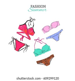 Trendy collection of swimsuits. Vector hand drawn illustration. isolated on white