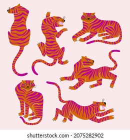 Trendy collection of tiger illustrations. Chinese New Year symbol. Isolated funny tigers in different poses.