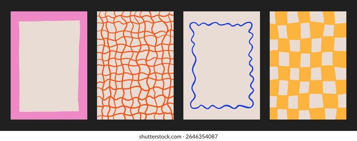 A trendy collection of vector frames and backgrounds with hand-drawn borders, abstract wavy lines retro-inspired patterns. Frames in playful colors. For invitations, posters, social media templates