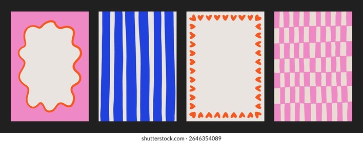 A trendy collection of vector frames and backgrounds with hand-drawn borders, abstract wavy lines retro-inspired patterns. Frames in playful colors. For invitations, posters, social media templates
