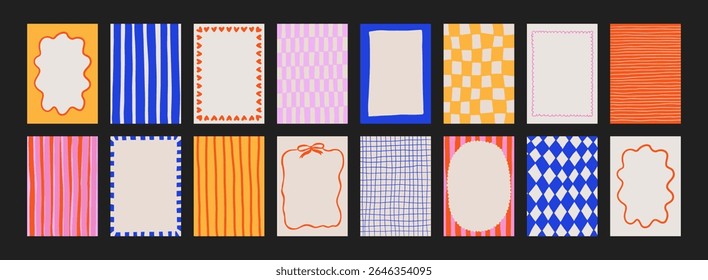 A trendy collection of vector frames and backgrounds with hand-drawn borders, abstract wavy lines retro-inspired patterns. Frames in playful colors. For invitations, posters, social media templates