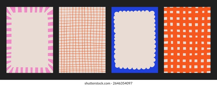 A trendy collection of vector frames and backgrounds with hand-drawn borders, abstract wavy lines retro-inspired patterns. Frames in playful colors. For invitations, posters, social media templates
