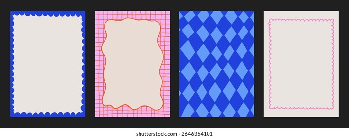 A trendy collection of vector frames and backgrounds with hand-drawn borders, abstract wavy lines retro-inspired patterns. Frames in playful colors. For invitations, posters, social media templates