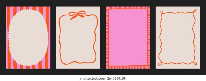 A trendy collection of vector frames and backgrounds with hand-drawn borders, abstract wavy lines retro-inspired patterns. Frames in playful colors. For invitations, posters, social media templates