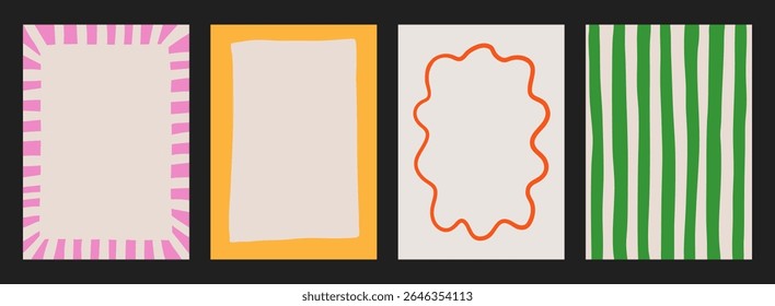 A trendy collection of vector frames and backgrounds with hand-drawn borders, abstract wavy lines retro-inspired patterns. Frames in playful colors. For invitations, posters, social media templates