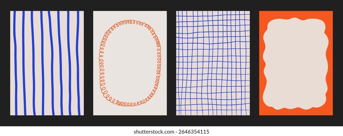 A trendy collection of vector frames and backgrounds with hand-drawn borders, abstract wavy lines retro-inspired patterns. Frames in playful colors. For invitations, posters, social media templates