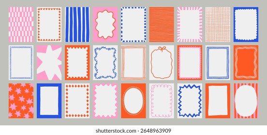 A trendy collection of vector frames and backgrounds with hand-drawn borders, abstract wavy lines retro-inspired patterns. Frames in playful colors. For invitations, posters, social media templates