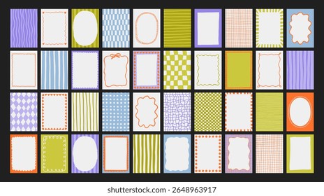 Uma coleção na moda de quadros vetoriais e fundos com bordas desenhadas à mão, linhas onduladas abstratas padrões retro-inspirados. Quadros em cores divertidas. Para convites, cartazes, modelos de mídias sociais