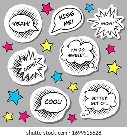 Trendy collection of vector hand drawn speech bubbles and expressions in retro pop art style with cool halftones. Isolated elements for stickers, prints, posters, web design and pins. EPS10 vector.
