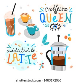 Trendy collection of vector illustrations of coffee accessories with motivation lettering quotes. Scandinavian naive flat style haddrawn illustration. French press and cocktai, for poster or stickers.