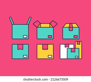 trendy color cardboard parcel package box icon with closed box icon, group of box icon, and open box icon