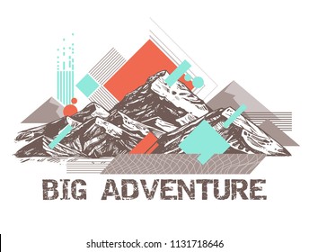 Trendy color geometric abstract pattern with sketch mountains. Surreal retro illustration about adventure and explorering
