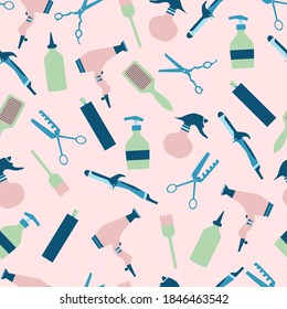 Trendy color hairdresser tools seamless pattern with curling iron, hair blow, comb, bruh and hair spray. Flat vector illustration.