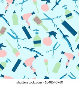 Trendy color hairdresser tools seamless pattern with curling iron, hair blow, comb, bruh and hair spray. Flat vector illustration.
