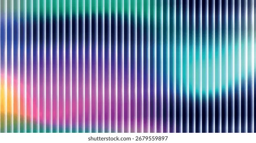 Fondo Horizontal de color de moda de efecto de vidrio acanalado. Textura de plástico iridiscente con superposición de rayas. Anuncio degradado con textura holográfica. Ilustración vectorial.