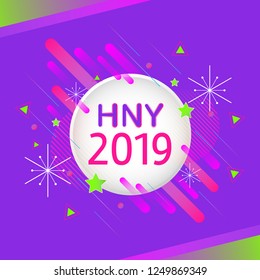 Trendy color lettering happy new year 2019 with modern geometric element cartoon design vector illustration.Pink,green,purple neon theme celebration of new year party.Greeting card template decoration