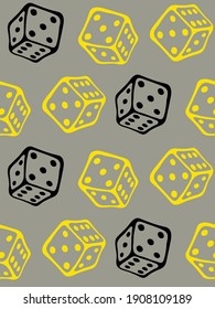 Trendy color outline game cubes in doodle style on gray seamless background. Flying playing cubes perfect for kids playroom, textiles, packaging. Stay home hobby time.