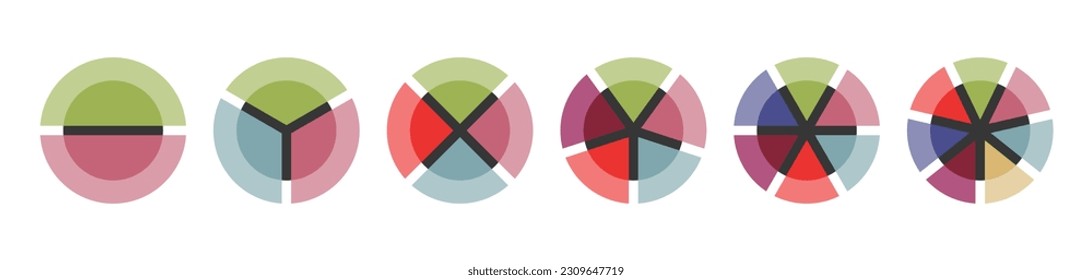 Trendy color pie chart set. Colorful diagram collection with 2,3,4,5,6, 7 sections or steps. 