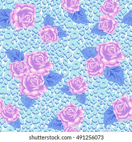 Trendy color roses background. Vector rose pattern pastel pink and green colour. Luxury tropical animals print. Tropical flowers on a leopard pattern.
