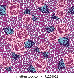 Trendy color roses background. Vector rose pattern pastel pink and green colour. Luxury tropical animals print. Tropical flowers on a leopard pattern.