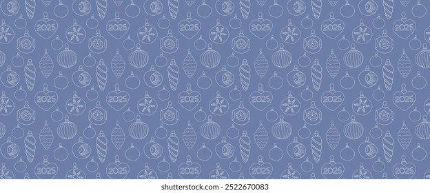 Trendy color seamless pattern with doodle Christmas toys. Balls and decoration for New Year 