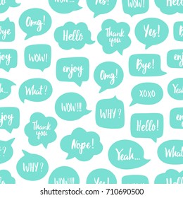 Trendy color speech bubbles seamless pattern. Vector illustration with short messages: yes, thank you, bye, omg, wow, xoxo, yeah, hello in speech circle.