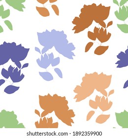 Trendy color vector texture. Floral seamless pattern. Fashion, fabric, ditsy print, wallpaper. Hand drawn silhouette blue, orange, pink and green flowers and leaves scattered random on white backgroud