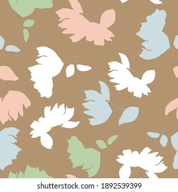 Trendy color vector texture. Floral seamless pattern. Fashion, fabric, ditsy print, wallpaper. Hand drawn silhouette blue, pink, white and green flowers and leaves scattered random on beige backgroud