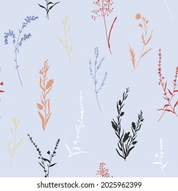 Trendy color vector texture. Floral seamless pattern. Fashion, fabric, ditsy print, wallpaper. Hand drawn silhouette red, beige, blue, grey, white wild flowers scattered random on blue background
