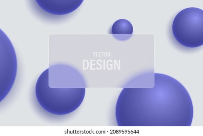 Trendy Color Very Peri. Abstract 3D Background With Balls And Transparent Frosted Glass Frame.