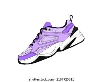 Trendy color very peri sneakers silhouette. Vector modern purple sneaker logo. Violet footwear symbol. Trainers shoe icon. Womens casual outfit. Girl comfort footwear. Run shoe with big white sole