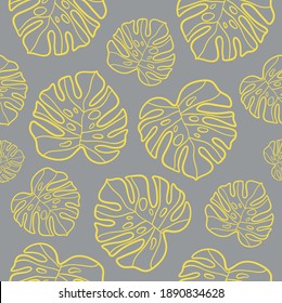 Trendy color of the year 2021 monstera sheets vector seamless pattern. Yellow illuminating, ultimate gray.  