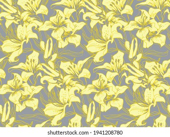 Trendy color Yellow illuminating silhouettes and leaves of lily flowers on ultimate gray background. Seamless pattern drawn by hand in freehand style. Home textile, wallpaper, fabric, bedding.