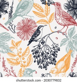 Fondo otoñal de moda. Patrón de aves sin costura. Elegante telón de fondo botánico con hojas de otoño, bayas, flores y bocetos de aves. Perfecto para el embalaje, papel de embalaje, textil, diseño para bodas