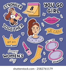 Trendy colored doodle feminist sticker set for planners, notebooks, diary. Ready for print list of lovely women symbols with fist up, lady portrait, lips, princess crown, lovely hand drawn typography.