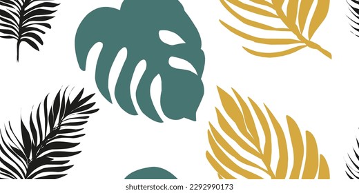 Trendy colored seamless pattern, tropical leaves. Vector design. Seal, jungle. Printing and textiles. exotic tropics. Summer