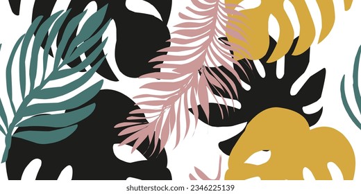 Trendy colored seamless pattern, tropical leaves. Vector design. Seal, jungle. Printing and textiles. exotic tropics. Summer