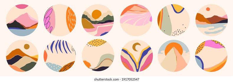 Trendy colorful abstract artistic backgrounds. Set of hand drawn contemporary artistic round icons. 