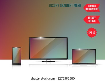 Trendy colorful abstract background. Gradient mesh. An example of the use of the proposed background on the screen of a laptop, smartphone and TV