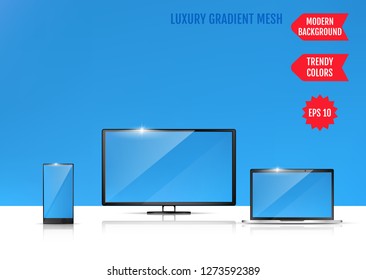 Trendy colorful abstract background. Gradient mesh. An example of the use of the proposed background on the screen of a laptop, smartphone and TV