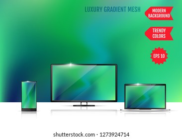 Trendy colorful abstract background. Gradient mesh. Modern Luxury concept. Abstract Cover. An example of the use of the proposed background on the screen of a laptop, smartphone and TV