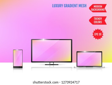 Trendy colorful abstract background. Gradient mesh. Modern Luxury concept. Abstract Cover. An example of the use of the proposed background on the screen of a laptop, smartphone and TV