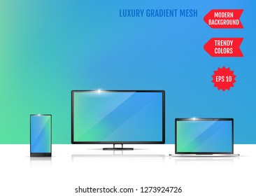 Trendy colorful abstract background. Gradient mesh. Modern Luxury concept. Abstract Cover. An example of the use of the proposed background on the screen of a laptop, smartphone and TV