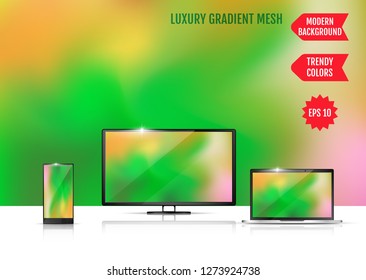 Trendy colorful abstract background. Gradient mesh. Modern Luxury concept. Abstract Cover. An example of the use of the proposed background on the screen of a laptop, smartphone and TV