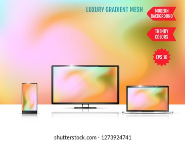 Trendy colorful abstract background. Gradient mesh. Modern Luxury concept. Abstract Cover. An example of the use of the proposed background on the screen of a laptop, smartphone and TV