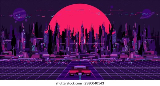 Trendy Colorful Abstract Futuristic Sci-fi Cyber Space City Landscape And A Car On The Road Vector Illustration Background Template Element