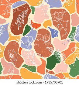 Trendy Colorful Artistic abstract brush strokes seamless pattern.Hand drawn sketch of Lily flower ,leaves ,botanical art illustration design for all prints and all graphic type