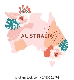 
Trendy colorful Australia map decorated with cute floral ontaments and country name lettering, perfect for touristic prints or souvenirs
