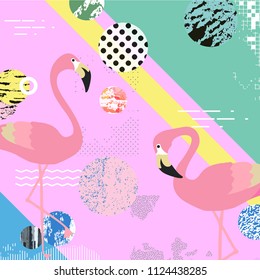 Trendy colorful background with flamingo birds. Summer vector illustration design with flamingos. Wallpaper, fabric, textile, wrapping paper design