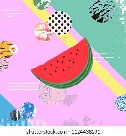 Trendy colorful background with watermelon. Summer vector illustration design with watermelon. Food pattern texture. Wallpaper, fabric, textile, wrapping paper design